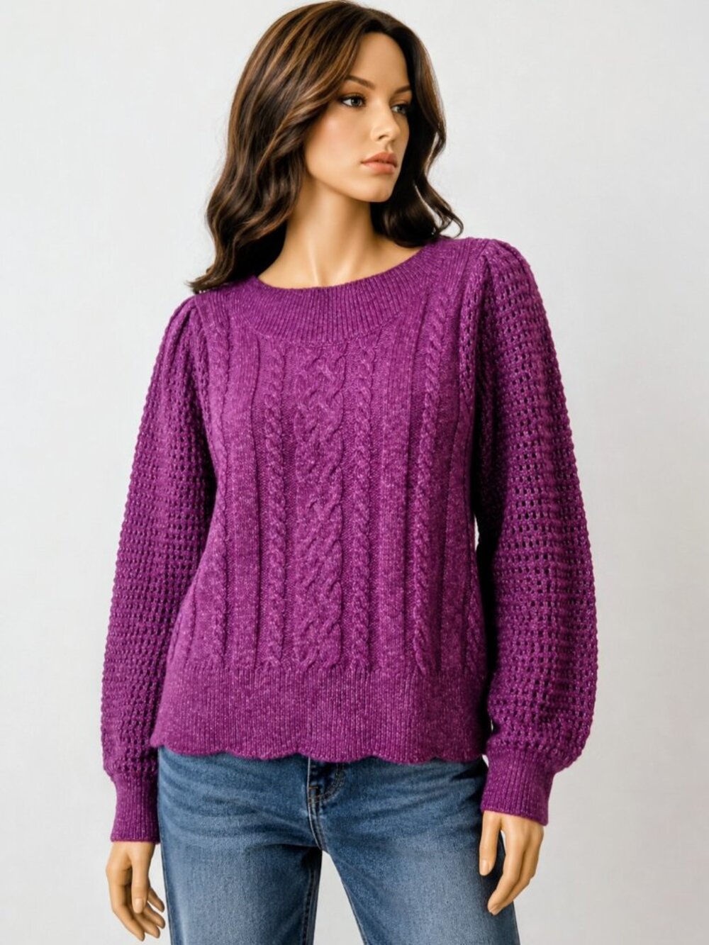 Stitch By Chenault Cable Knit Women's Sweater Size Medium Crewneck Plum/Purple